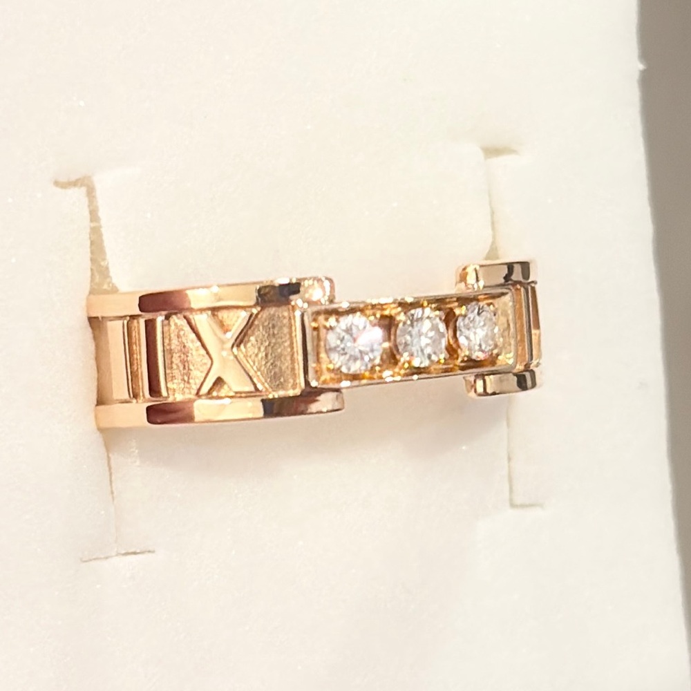 18K Tiffany Atlas Diamond Ring, 750 Rose Gold, Roman Numerals, Size 6